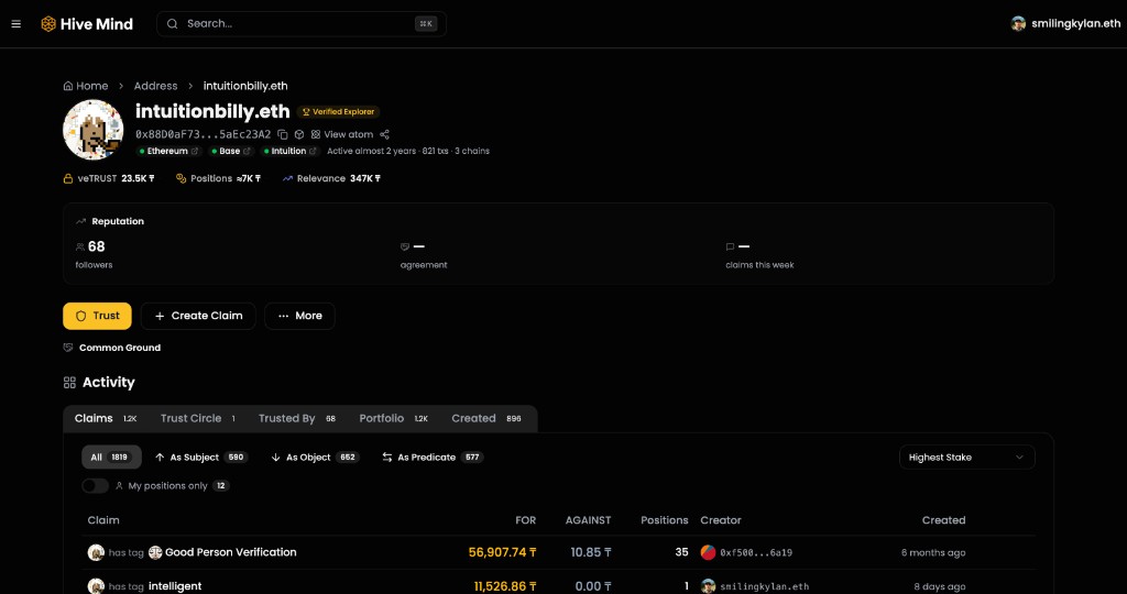Hive Mind Explorer showing a profile page with claims, trust metrics, and staking data