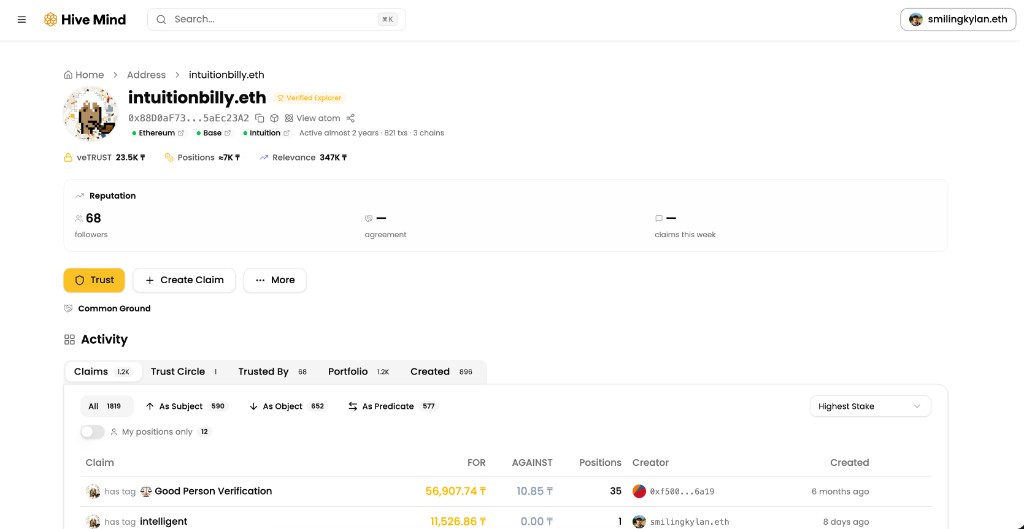 Hive Mind Explorer showing a profile page with claims, trust metrics, and staking data