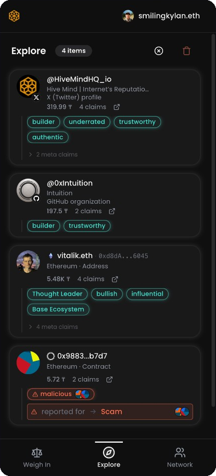 Hive Mind Extension showing inline trust signals on social profiles
