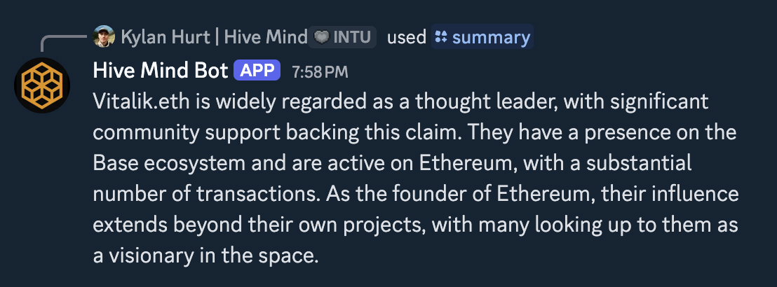 Hive Mind Bot providing an AI-powered reputation summary of Vitalik.eth in Discord
